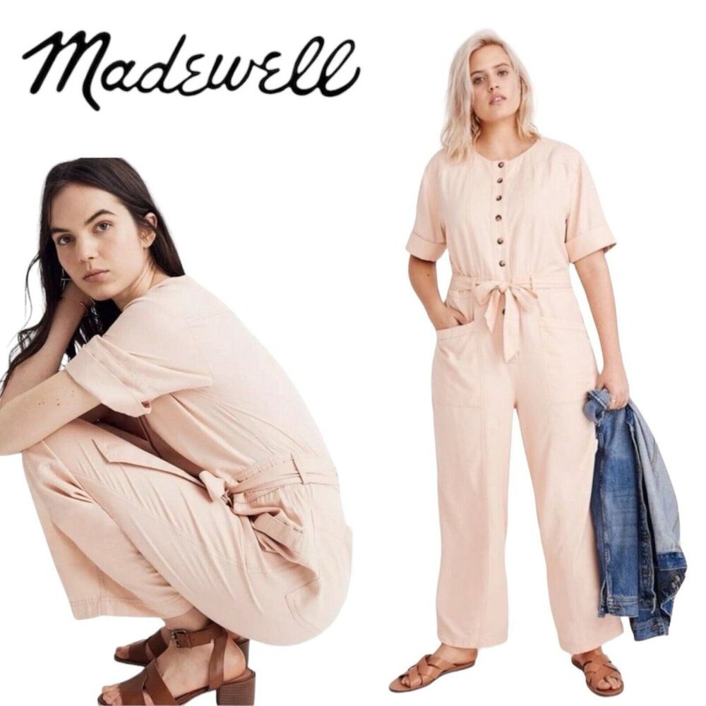 Madewell Blush Coverall Cropped Jumpsuit Top-Stitched Wide Leg Button Up Size 10